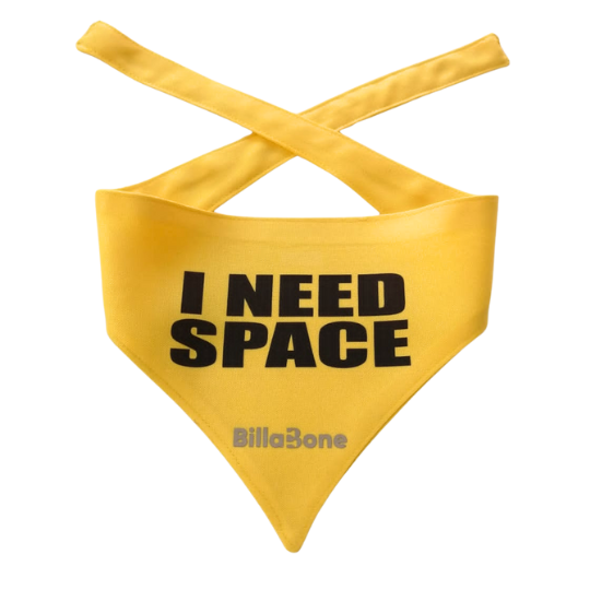 A vibrant yellow dog bandana with bold black text "I Need Space". This bandana is ideal for signaling that the dog is either anxious, unwell, elderly, nervous, adopted, or in training, providing a clear visual cue for others to maintain distance.