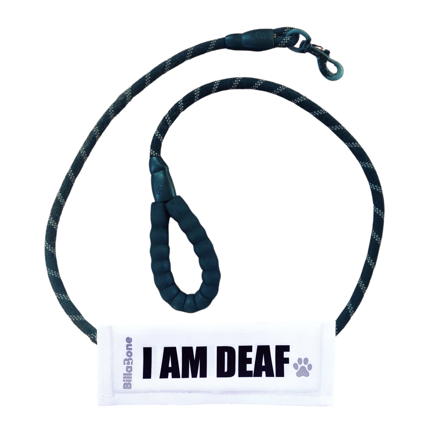White “I Am Deaf ” leash cover by Billabone attached to a black rope lead. Helps raise awareness that the dog has a hearing impairment and may react differently.