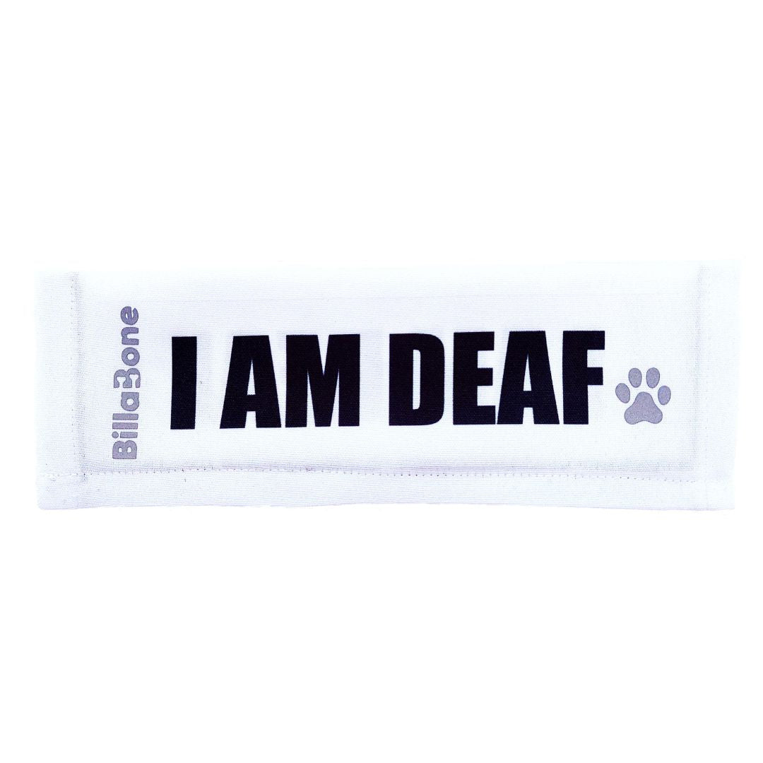 White “I Am Deaf ” leash cover by Billabone. Helps raise awareness that the dog has a hearing impairment and may react differently.