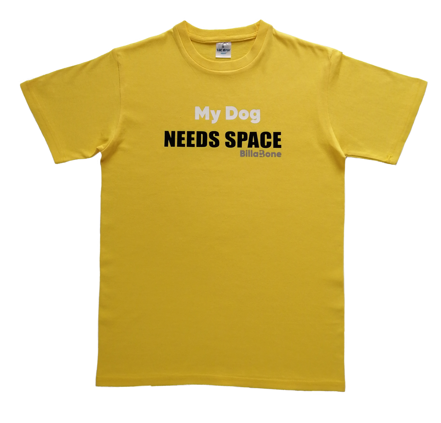 A vibrant yellow T-shirt by Billabone with "My Dog Needs Space" text. Perfect for dog owners managing pets who are anxious, unwell, elderly, nervous, adopted, or in training, this set promotes awareness while adding functionality and style.