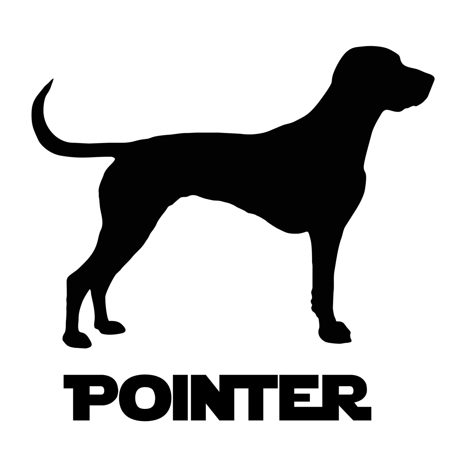 A high-quality black vinyl sticker featuring the silhouette of a Pointer dog with bold text reading "Pointer" underneath. Durable and weatherproof, this sticker is perfect for cars, laptops, and other smooth surfaces. Also available in white for dark surfaces.