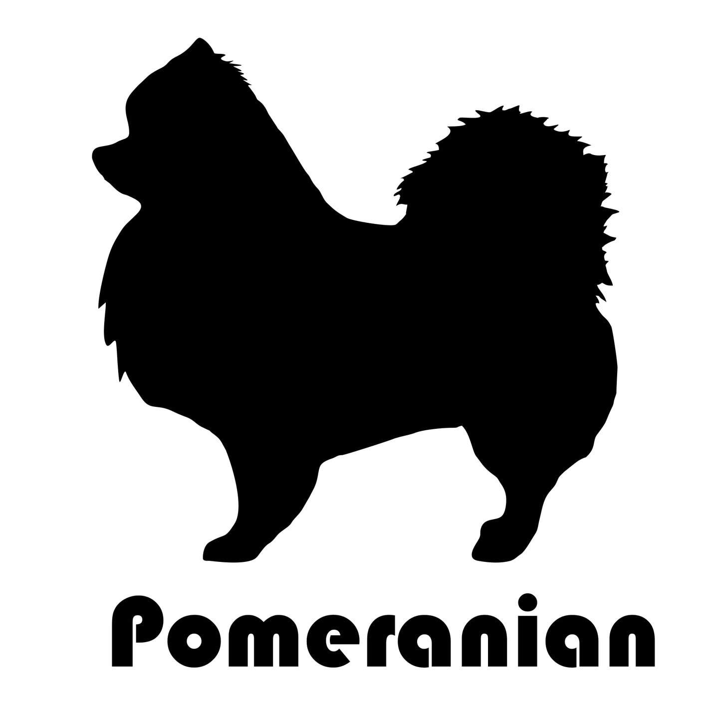 A high-quality black vinyl sticker featuring the silhouette of a Pomeranian dog with bold text reading "Pomeranian" underneath. Durable and weatherproof, this sticker is perfect for cars, laptops, and other smooth surfaces. Also available in white for dark surfaces.