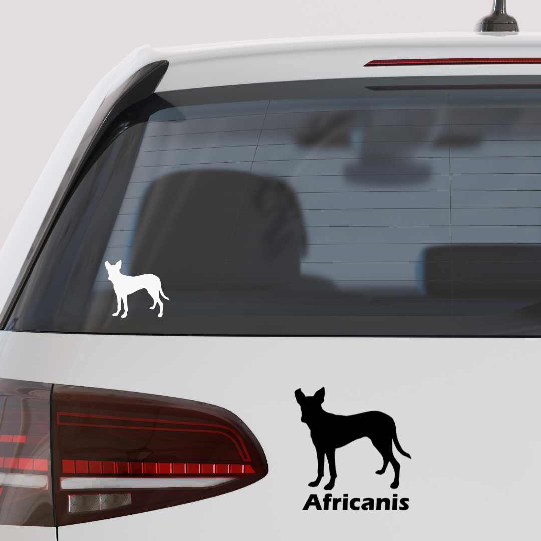 Africanis Silhouette Vinyl Sticker – A sleek and durable sticker featuring the iconic Africanis dog in a bold silhouette design. Available in black or white, these high-quality vinyl stickers come in two sizes: small (60 x 60mm) and standard (120 x 140mm). Perfect for car windows, vehicle bodies, treat jars, or sliding doors, adding a stylish and personal touch for Africanis lovers.