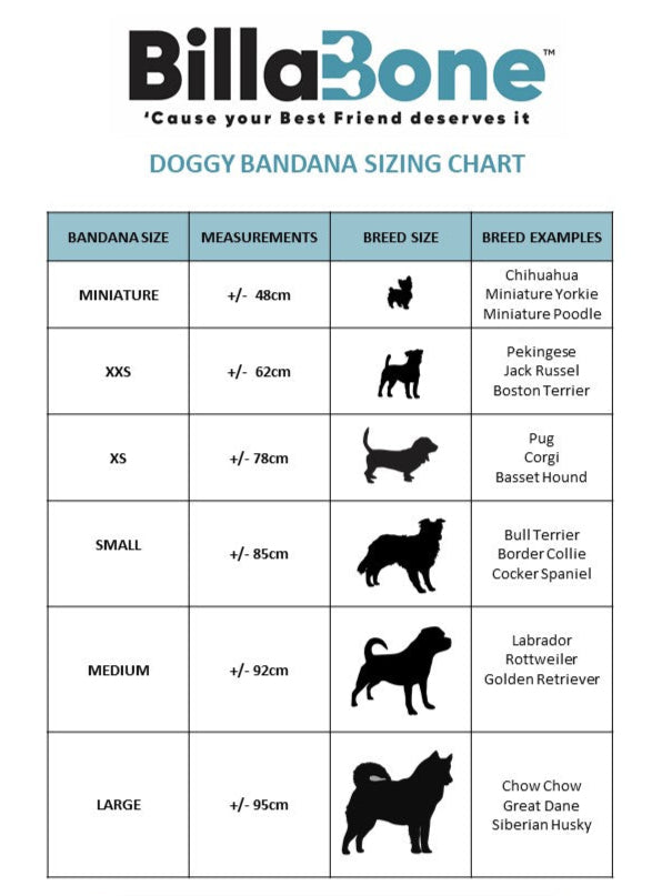 Bandanas – Size chart:
The dog bandana size charts indicates the measurements of each bandana in size of mini, xxs, xs, small, medium and large. Silhouette pictures are used to help determine the size of the dog. The measurements are in centimetres to help measure the dogs neck so that the bandana can tie comfortably around the dogs neck by making a knot.
