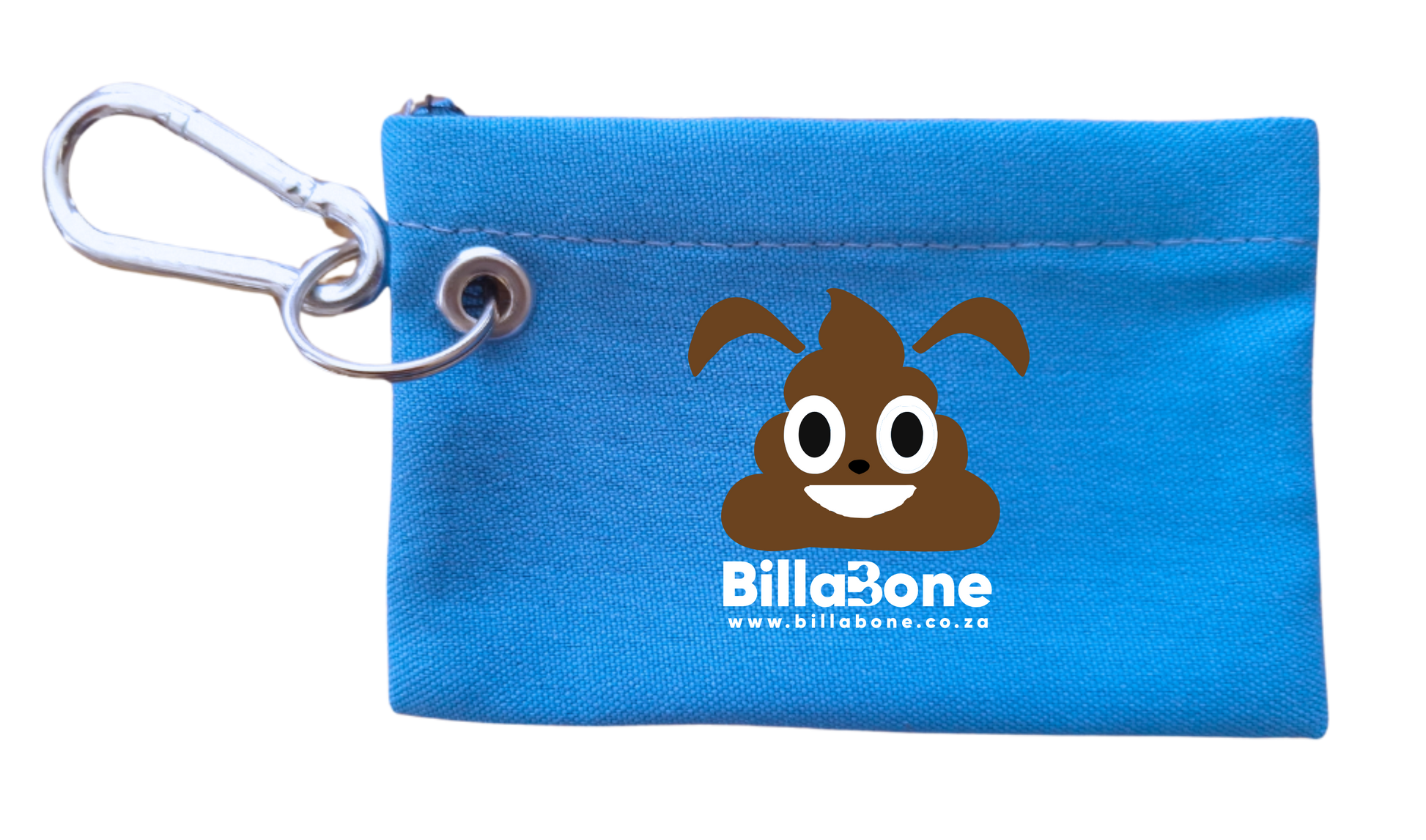 Blue dog poop bag holder for dog in training with easy clip-on carabiner. clip