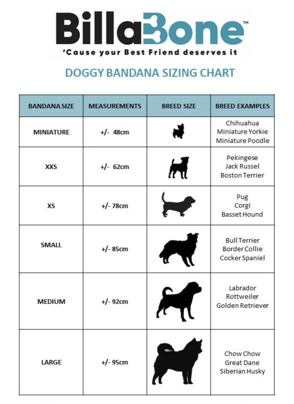 The dog bandana size charts indicates the measurements of each bandana in size of mini, XXS, XS, small, medium and large. Silhouette pictures are used to help determine the size of the dog. The measurements are in centimeters to help measure the dogs neck so that the bandana can tie comfortably around the dogs neck by making a knot. 