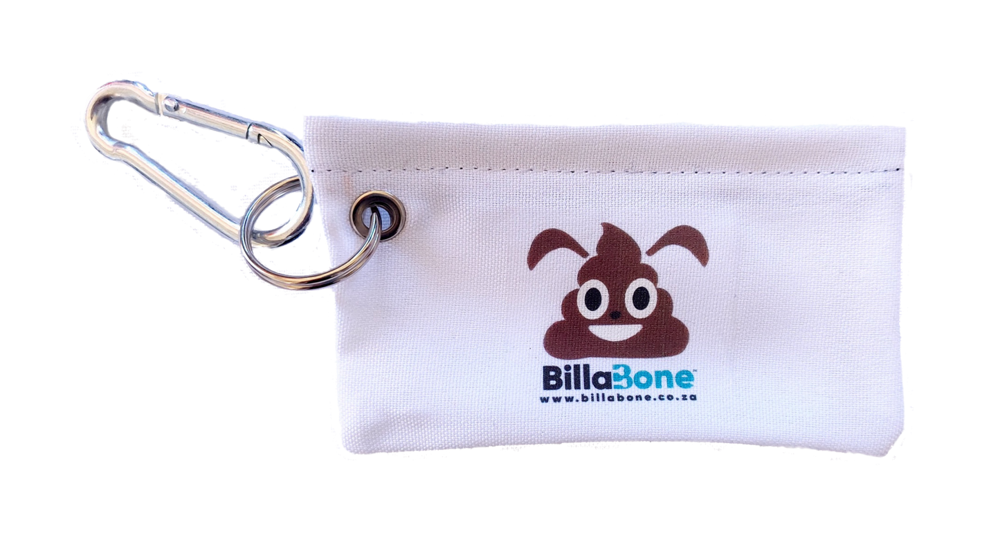 White dog poop bag holder for deaf or blind dog with easy clip-on carabiner.