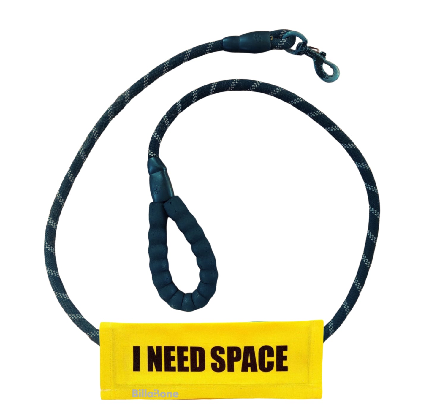 A yellow leash cover with bold black text "I Need Space," featuring the Billabone logo. This leash cover is designed for dogs that are either anxious, unwell, elderly, nervous, adopted, or in training, helping ensure their need for space is respected during walks or outings.