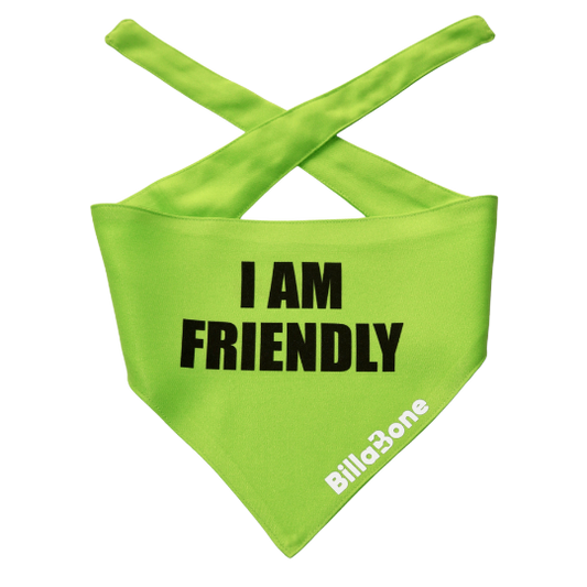 A bright green polyester bandana designed for friendly and approachable dogs. The Billabone logo is reflective for added visibility, and the lightweight fabric can be wet on hot days to help keep your dog cool during walks. Stylish, practical, and perfect for social dogs.
