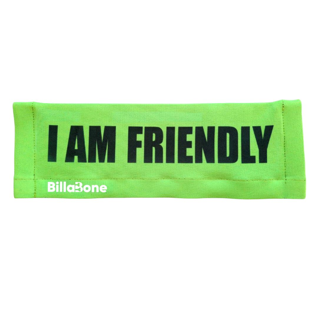Bright green “I Am Friendly” lead or leash cover for dogs by Billabone, designed to signal that the dog is sociable and approachable. Ideal for pet owners to communicate their dog’s temperament clearly during walks.