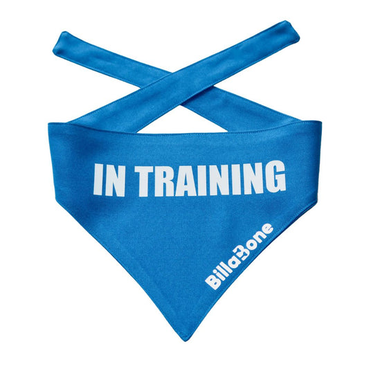 A vibrant blue polyester bandana with bold white text that reads “In Training”. Designed for dogs currently in training. Featuring a reflective Billabone logo for visibility, this lightweight and breathable bandana helps signal to others that your dog is learning and should not be distracted. Perfect for training sessions, walks, and public outings.