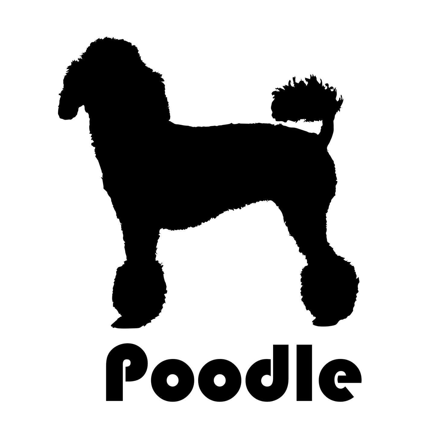 A high-quality black vinyl sticker featuring the silhouette of a Poodle dog with bold text reading "Poodle" underneath. Durable and weatherproof, this sticker is perfect for cars, laptops, and other smooth surfaces. Also available in white for dark surfaces.